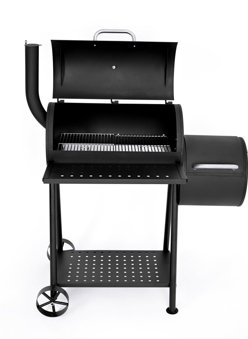 Smoker Charcoal Grill with Small Fire Bowl 108 x 6 Product Dimensions: 108 x 65 x 128 cm. Larger fire bowl size: 61 x 33.5 cm. Cooking Grill Size: 26 x 33.5 cm * 2 pieces. Cooking Area Height: 78 cm. Smaller fire bowl size: 30.5 x 33.5 cm diameter. Chrome-plated cooking grate. Zinc-plated charcoal grate. Equipped with a black-painted leg with two stainless steel handles and two stainless steel wheels. 128 x 5 cm
