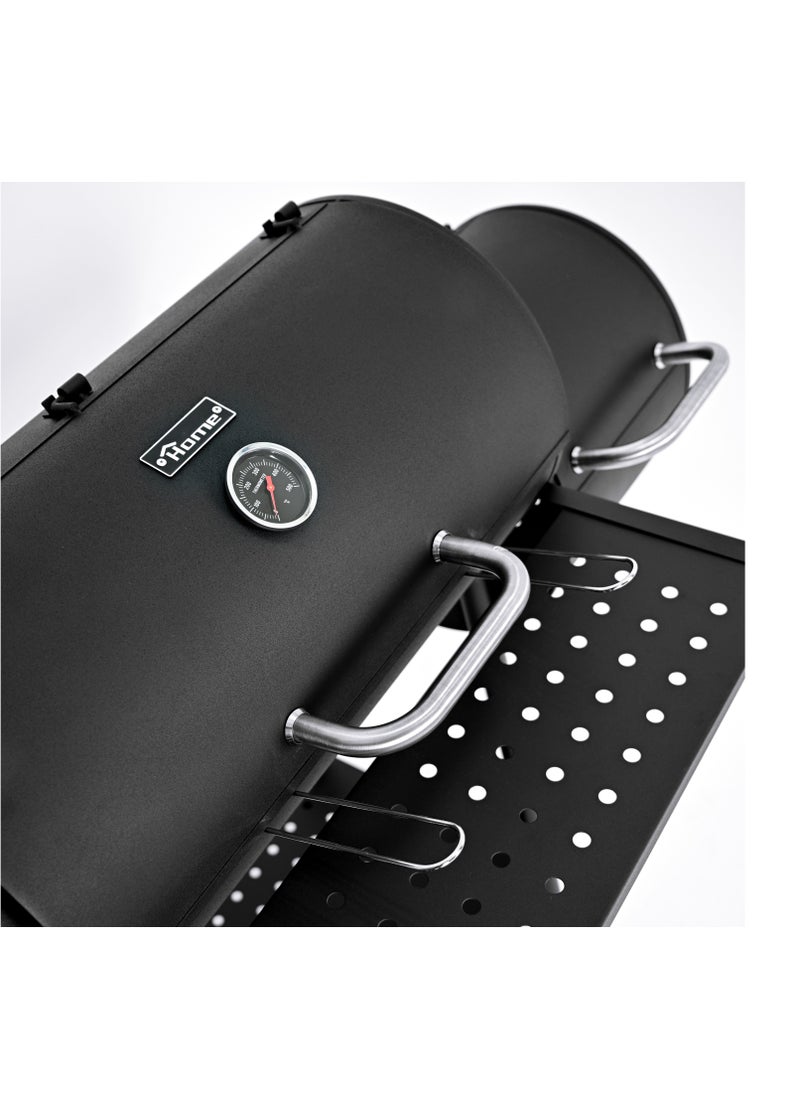 Smoker Charcoal Grill with Small Fire Bowl 108 x 6 Product Dimensions: 108 x 65 x 128 cm. Larger fire bowl size: 61 x 33.5 cm. Cooking Grill Size: 26 x 33.5 cm * 2 pieces. Cooking Area Height: 78 cm. Smaller fire bowl size: 30.5 x 33.5 cm diameter. Chrome-plated cooking grate. Zinc-plated charcoal grate. Equipped with a black-painted leg with two stainless steel handles and two stainless steel wheels. 128 x 5 cm