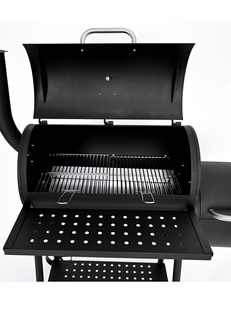Smoker Charcoal Grill with Small Fire Bowl 108 x 6 Product Dimensions: 108 x 65 x 128 cm. Larger fire bowl size: 61 x 33.5 cm. Cooking Grill Size: 26 x 33.5 cm * 2 pieces. Cooking Area Height: 78 cm. Smaller fire bowl size: 30.5 x 33.5 cm diameter. Chrome-plated cooking grate. Zinc-plated charcoal grate. Equipped with a black-painted leg with two stainless steel handles and two stainless steel wheels. 128 x 5 cm