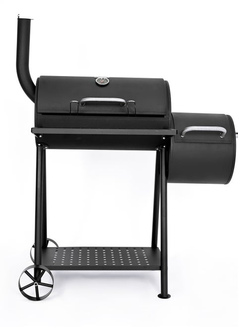 Smoker Charcoal Grill with Small Fire Bowl 108 x 6 Product Dimensions: 108 x 65 x 128 cm. Larger fire bowl size: 61 x 33.5 cm. Cooking Grill Size: 26 x 33.5 cm * 2 pieces. Cooking Area Height: 78 cm. Smaller fire bowl size: 30.5 x 33.5 cm diameter. Chrome-plated cooking grate. Zinc-plated charcoal grate. Equipped with a black-painted leg with two stainless steel handles and two stainless steel wheels. 128 x 5 cm