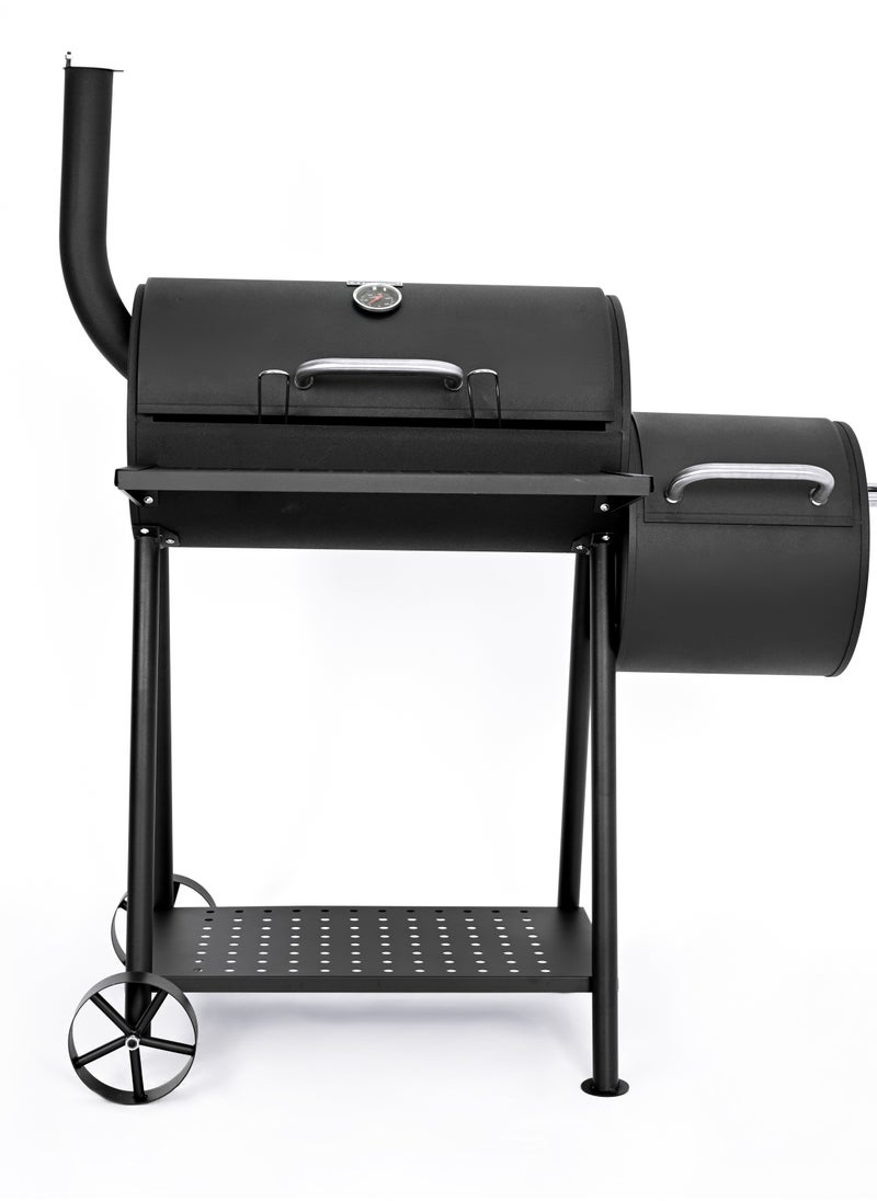 Smoker Charcoal Grill with Small Fire Bowl 108 x 6 Product Dimensions: 108 x 65 x 128 cm. Larger fire bowl size: 61 x 33.5 cm. Cooking Grill Size: 26 x 33.5 cm * 2 pieces. Cooking Area Height: 78 cm. Smaller fire bowl size: 30.5 x 33.5 cm diameter. Chrome-plated cooking grate. Zinc-plated charcoal grate. Equipped with a black-painted leg with two stainless steel handles and two stainless steel wheels. 128 x 5 cm