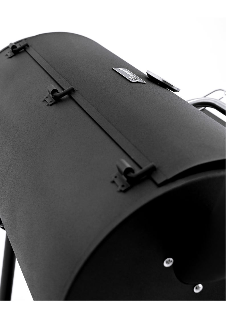 Smoker Charcoal Grill with Small Fire Bowl 108 x 6 Product Dimensions: 108 x 65 x 128 cm. Larger fire bowl size: 61 x 33.5 cm. Cooking Grill Size: 26 x 33.5 cm * 2 pieces. Cooking Area Height: 78 cm. Smaller fire bowl size: 30.5 x 33.5 cm diameter. Chrome-plated cooking grate. Zinc-plated charcoal grate. Equipped with a black-painted leg with two stainless steel handles and two stainless steel wheels. 128 x 5 cm