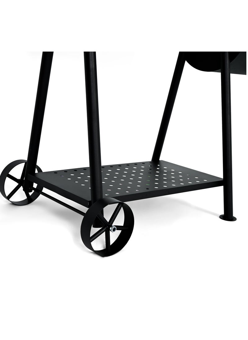 Smoker Charcoal Grill with Small Fire Bowl 108 x 6 Product Dimensions: 108 x 65 x 128 cm. Larger fire bowl size: 61 x 33.5 cm. Cooking Grill Size: 26 x 33.5 cm * 2 pieces. Cooking Area Height: 78 cm. Smaller fire bowl size: 30.5 x 33.5 cm diameter. Chrome-plated cooking grate. Zinc-plated charcoal grate. Equipped with a black-painted leg with two stainless steel handles and two stainless steel wheels. 128 x 5 cm