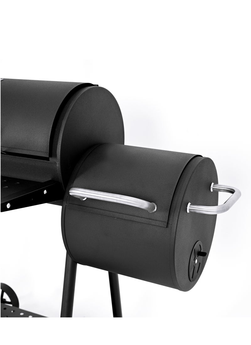 Smoker Charcoal Grill with Small Fire Bowl 108 x 6 Product Dimensions: 108 x 65 x 128 cm. Larger fire bowl size: 61 x 33.5 cm. Cooking Grill Size: 26 x 33.5 cm * 2 pieces. Cooking Area Height: 78 cm. Smaller fire bowl size: 30.5 x 33.5 cm diameter. Chrome-plated cooking grate. Zinc-plated charcoal grate. Equipped with a black-painted leg with two stainless steel handles and two stainless steel wheels. 128 x 5 cm