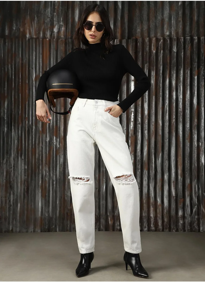 هاي ستار Women's Off White 100% Cotton Distressed Jeans