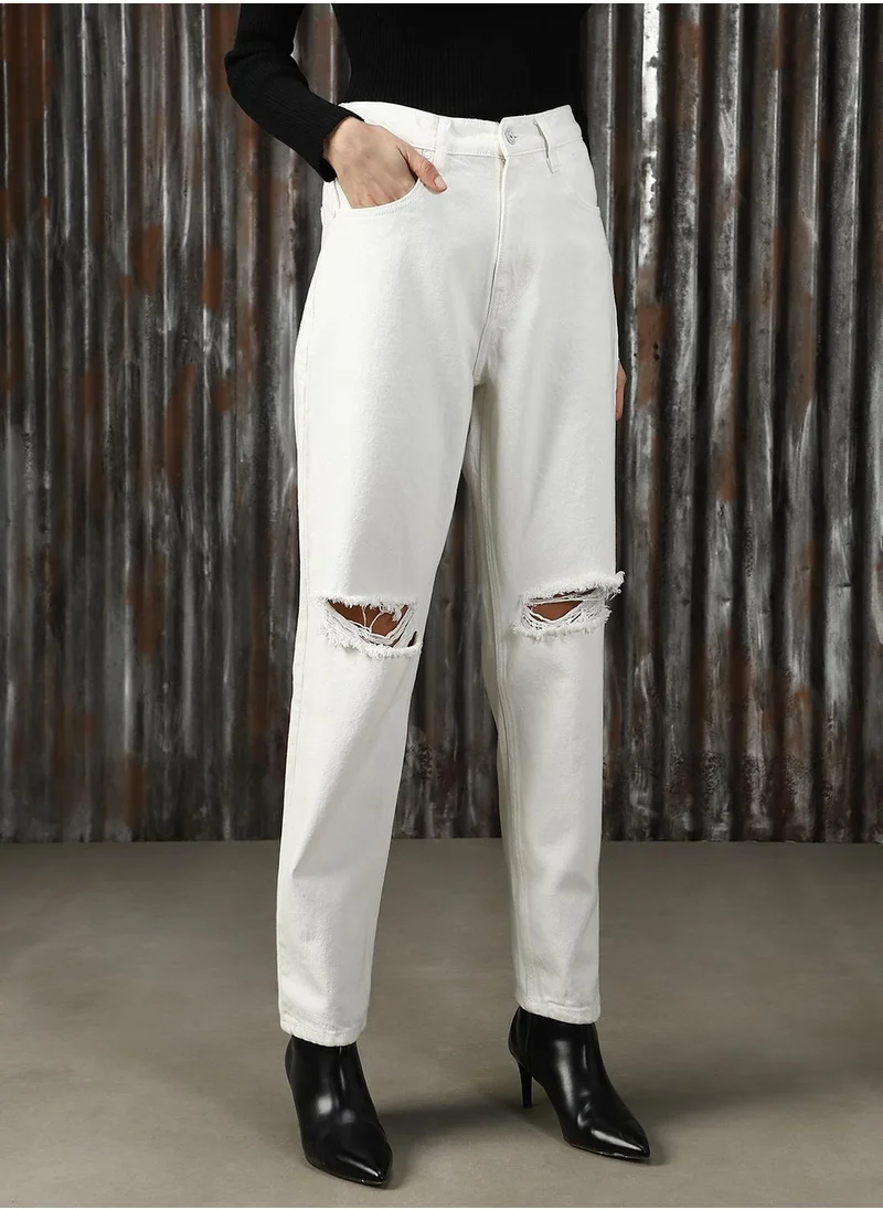 هاي ستار Women's Off White 100% Cotton Distressed Jeans