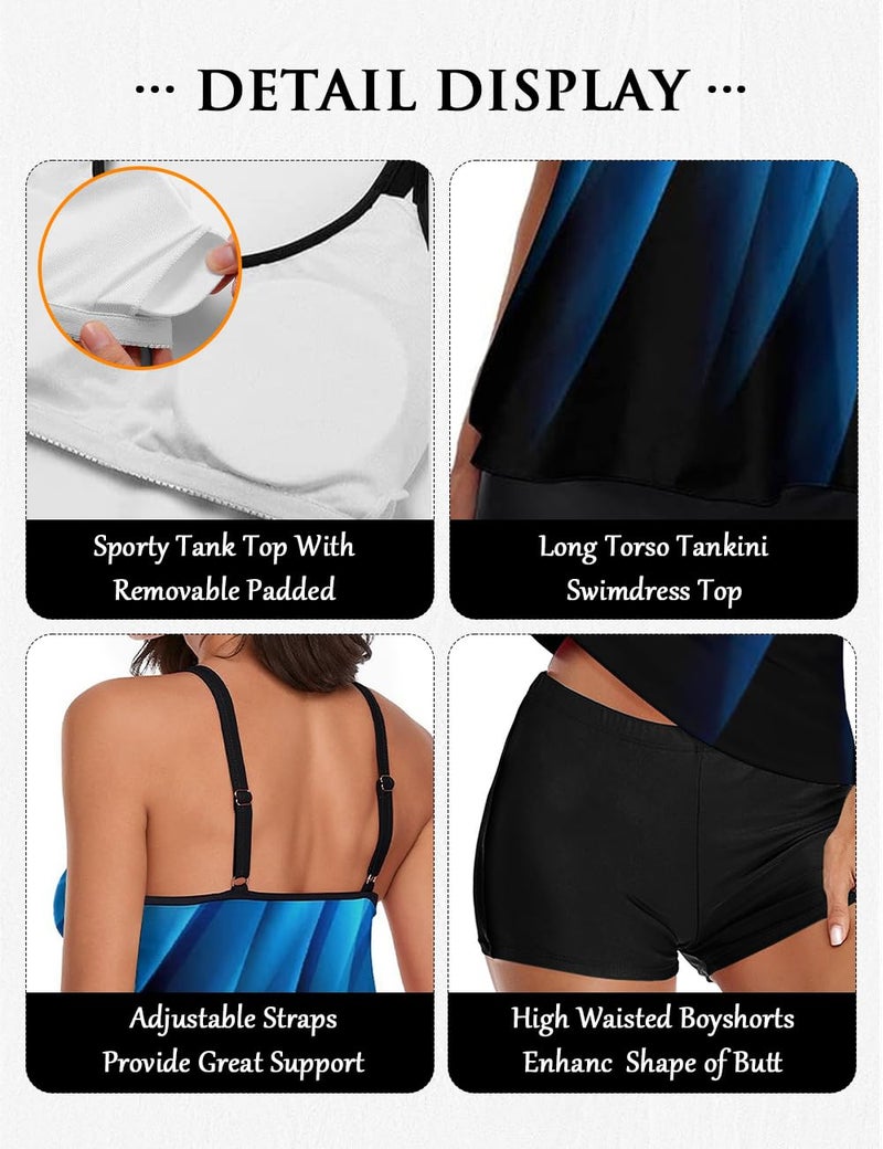 Urchics Stylish Swim Suits for Women Slimming Tankini Set Adjustable Straps 2 Piece Swimwear Tropical Hawaii Beach Pool Party Photoshoot Flattering Hides Belly Perfect for Vacation Blue Gradient L - Image 4