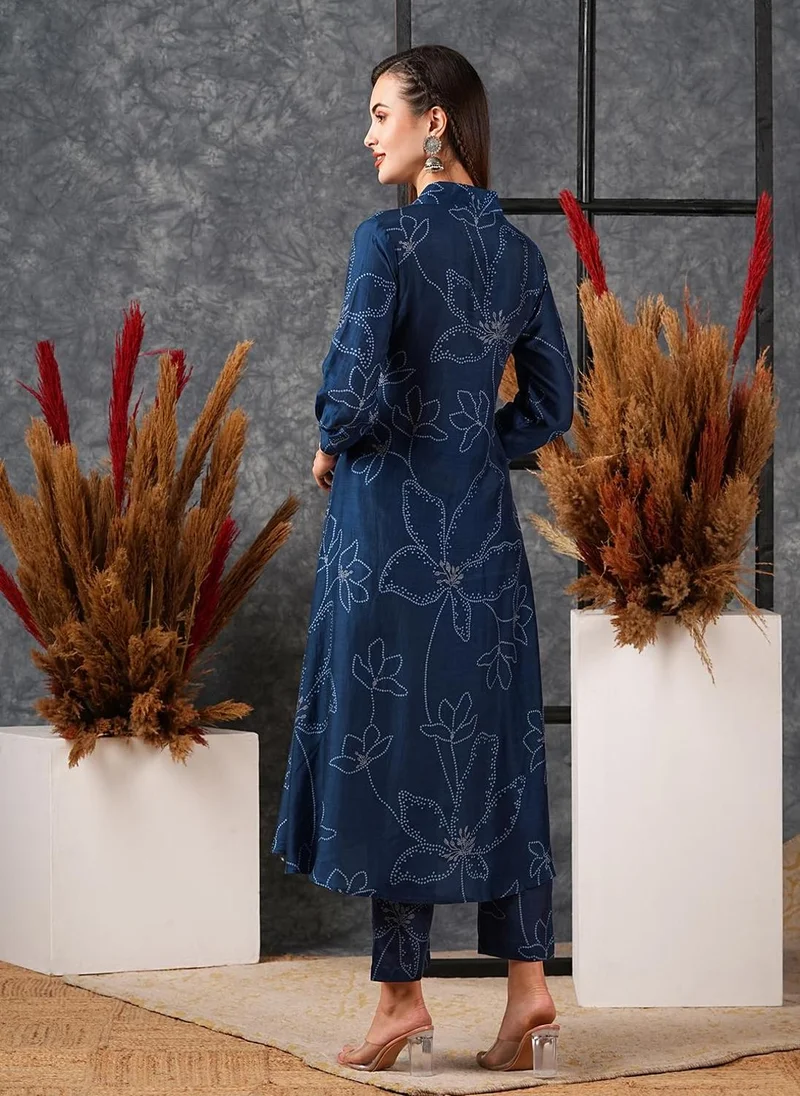 جو سريكي مزيج قطن نسائي من GoSriKi بطبعة أناركالي كورتا مع بنطال (Marup Blue-GS_3XL_Blue_XXX-Large)