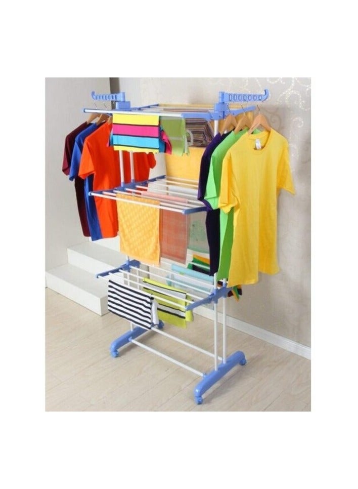 PROMASS Cloth Drying Rack Carbon Steel Full Size Heavy Duty Double Pole 3 Layer Cloth Drying Stand, Laundry Rack Stand, Blue  - Image 1