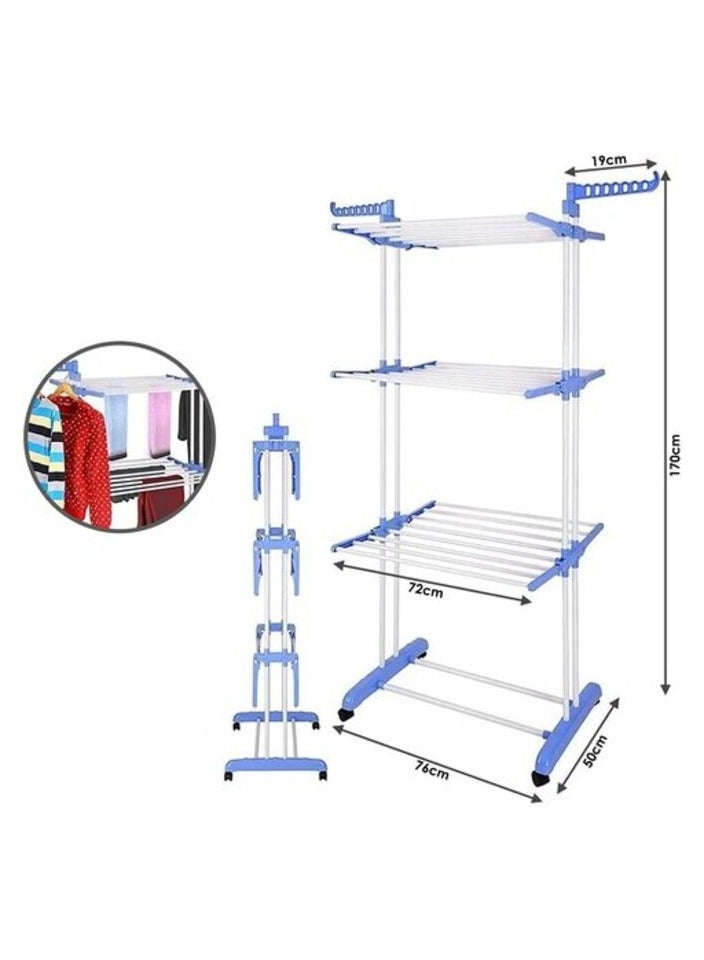 PROMASS Cloth Drying Rack Carbon Steel Full Size Heavy Duty Double Pole 3 Layer Cloth Drying Stand, Laundry Rack Stand, Blue  - Image 2