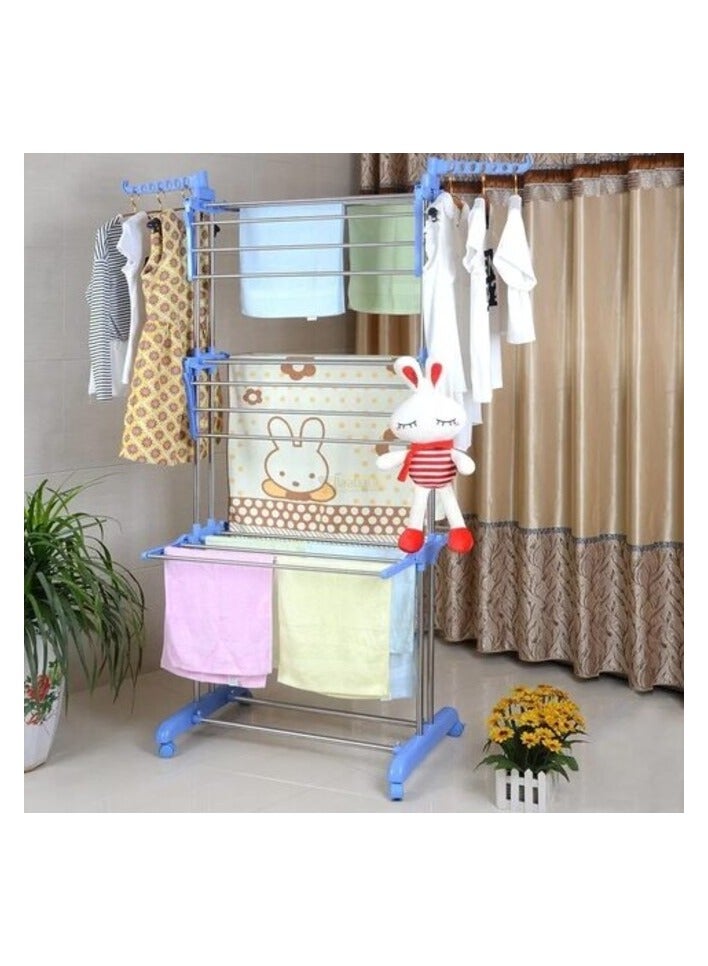 PROMASS Cloth Drying Rack Carbon Steel Full Size Heavy Duty Double Pole 3 Layer Cloth Drying Stand, Laundry Rack Stand, Blue  - Image 3