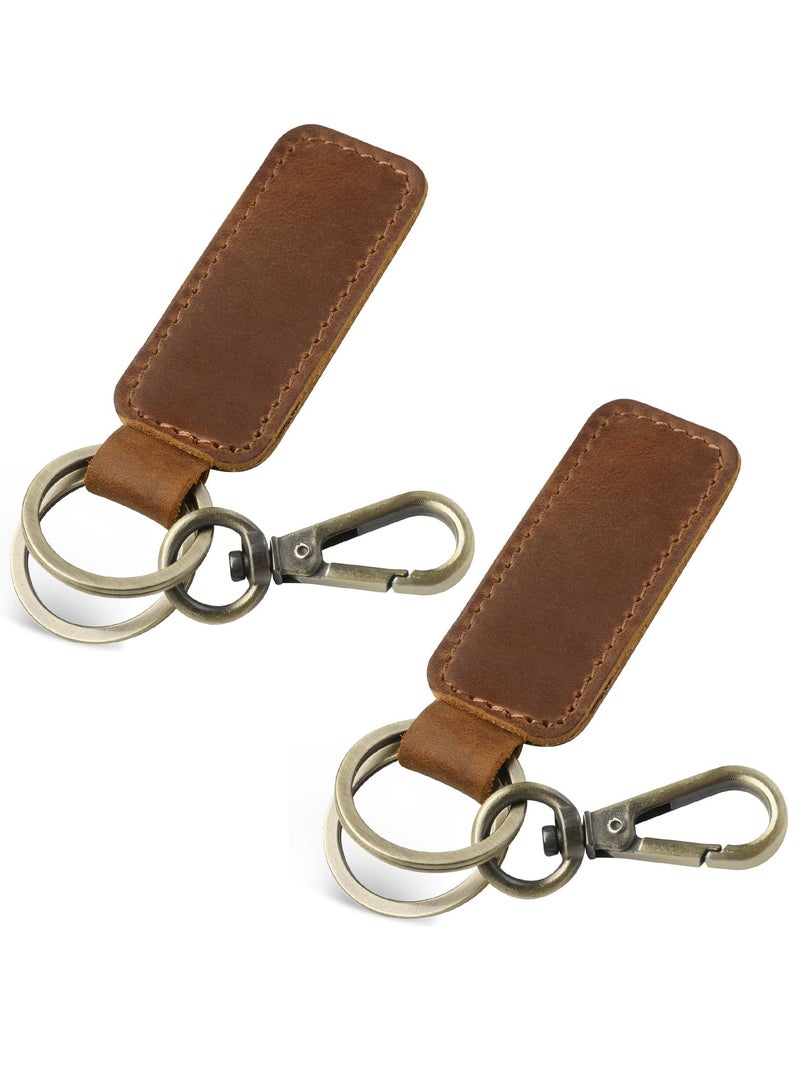 Genuine Leather Keychain Set - 2 Universal Rotatable Key Fobs with Anti-Lost Ring  Vintage Carabiner Clip for Men  Women (Brown) - Image 1