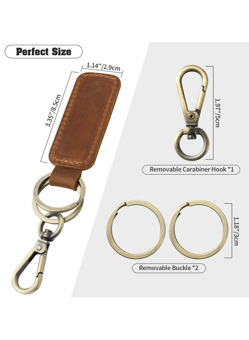 Genuine Leather Keychain Set - 2 Universal Rotatable Key Fobs with Anti-Lost Ring  Vintage Carabiner Clip for Men  Women (Brown) - Image 2