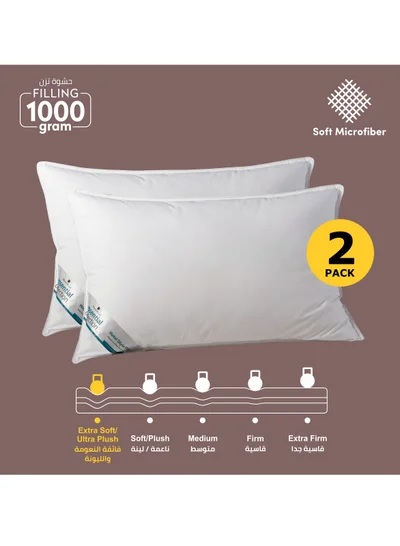 Donetella Bed Pillow 2-Pieces (1000Gm Each) King Size  50 X 75 Cm, Outer Microfiber Fabric, Medium Density, White