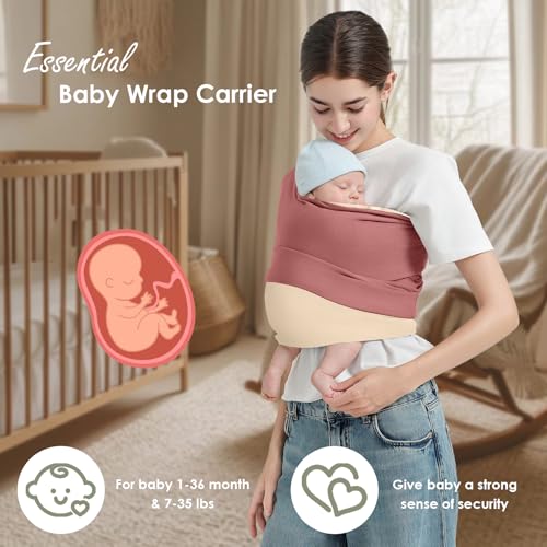 Shiaon Baby Wrap Carrier, Lightweight Baby Wearing Wraps for Newborn and Infant, Soft Swaddle Holder Carrier, Cozy Baby Sling 7-35 lbs Cream+Pink - Image 3