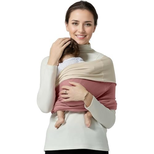 Shiaon Baby Wrap Carrier, Lightweight Baby Wearing Wraps for Newborn and Infant, Soft Swaddle Holder Carrier, Cozy Baby Sling 7-35 lbs Cream+Pink - Image 1