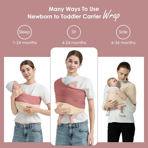 Shiaon Baby Wrap Carrier, Lightweight Baby Wearing Wraps for Newborn and Infant, Soft Swaddle Holder Carrier, Cozy Baby Sling 7-35 lbs Cream+Pink - Image 4