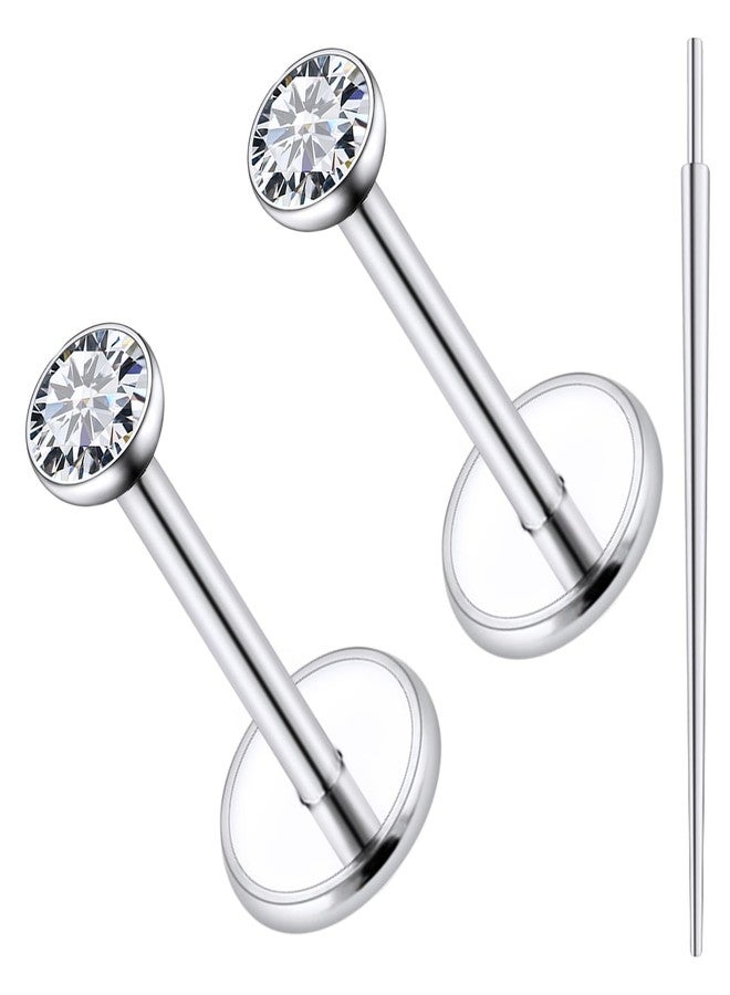 Hoeudjo 20G G23 Titanium Threadless Nose Stud Earrings Flat Back Tiny CZ Stud Piercing Jewelry for Tragus/Helix/Conch - Helix Tragus Cartilage Earring for Women Men 2PCS Round Crystal 2mm - Image 1