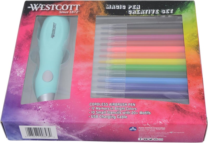 Westcott Magic Pen Airbrush Set for Adults and Children with 12 Felt Markers  10 Stencils for Painting  Crafting Battery Charged with USB Cable Mint Color - Image 2