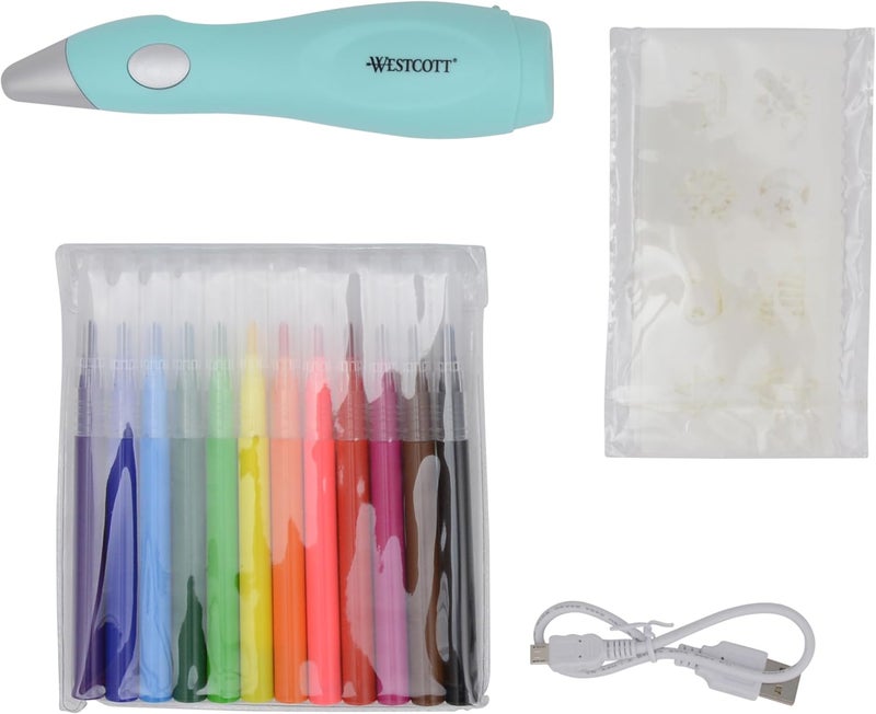 Westcott Magic Pen Airbrush Set for Adults and Children with 12 Felt Markers  10 Stencils for Painting  Crafting Battery Charged with USB Cable Mint Color - Image 4