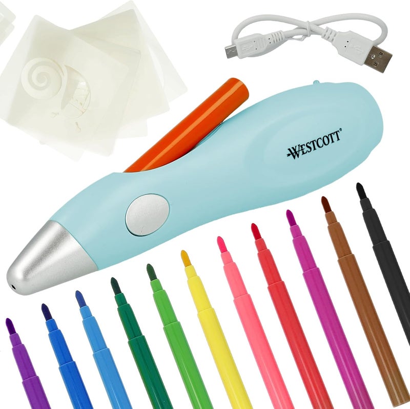 Westcott Magic Pen Airbrush Set for Adults and Children with 12 Felt Markers  10 Stencils for Painting  Crafting Battery Charged with USB Cable Mint Color - Image 1