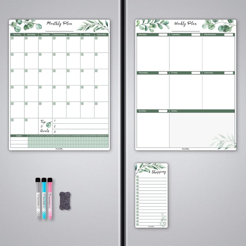 ALEZEL Magnetic Calendar for Refrigerator, Greenery Dry Erase Fridge Calendar Set (3 Boards) - Monthly & Weekly Planner Whiteboard, Shopping List White Board, 3 Markers + Eraser - Image 1