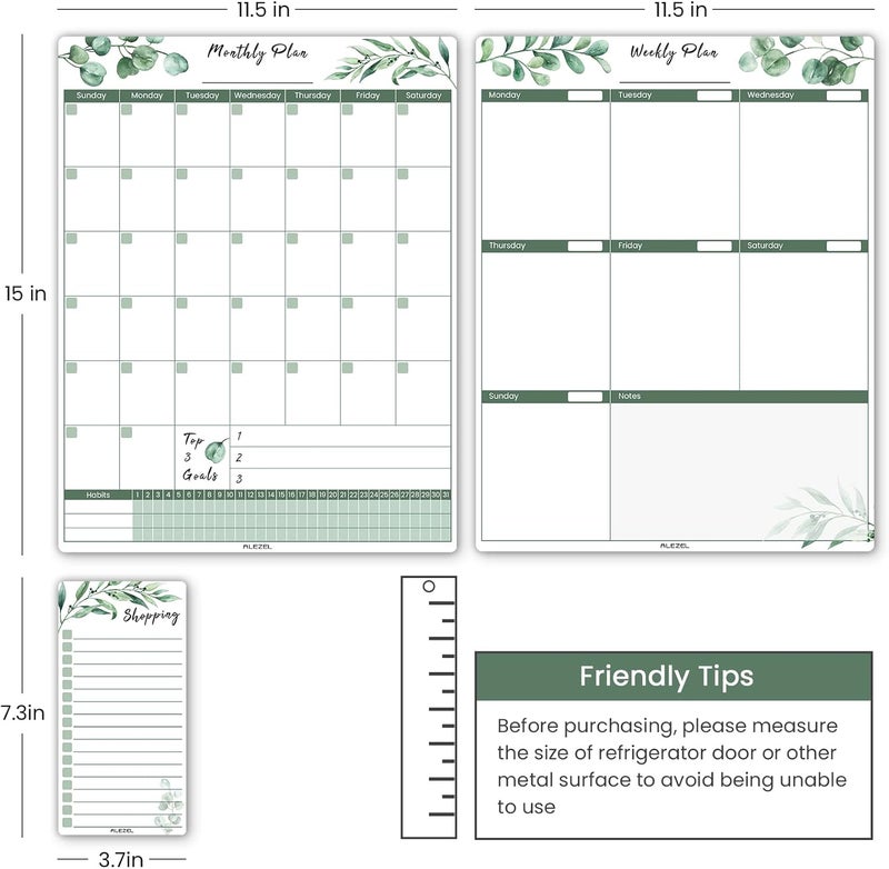 ALEZEL Magnetic Calendar for Refrigerator, Greenery Dry Erase Fridge Calendar Set (3 Boards) - Monthly & Weekly Planner Whiteboard, Shopping List White Board, 3 Markers + Eraser - Image 4