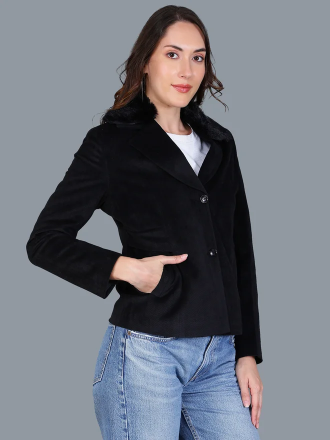 Fort Collins  Women Black Button-Up Blazer with Faux Fur Collar for Women | Best Price UAE