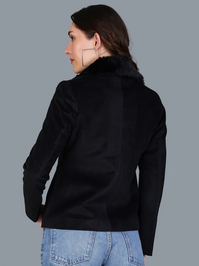 Fort Collins  Women Black Button-Up Blazer with Faux Fur Collar for Women | Best Price UAE