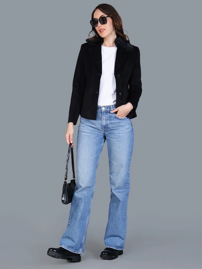 فورت كولينز بليزر نسائي أسود بأزرار وياقة فرو صناعي من فورت كولينز