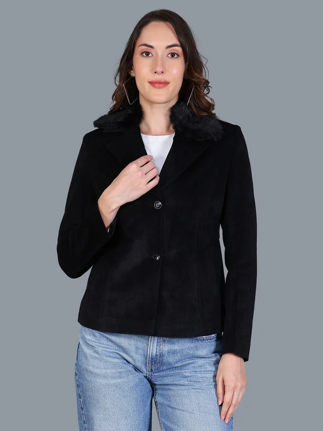 فورت كولينز بليزر نسائي أسود بأزرار وياقة فرو صناعي من فورت كولينز