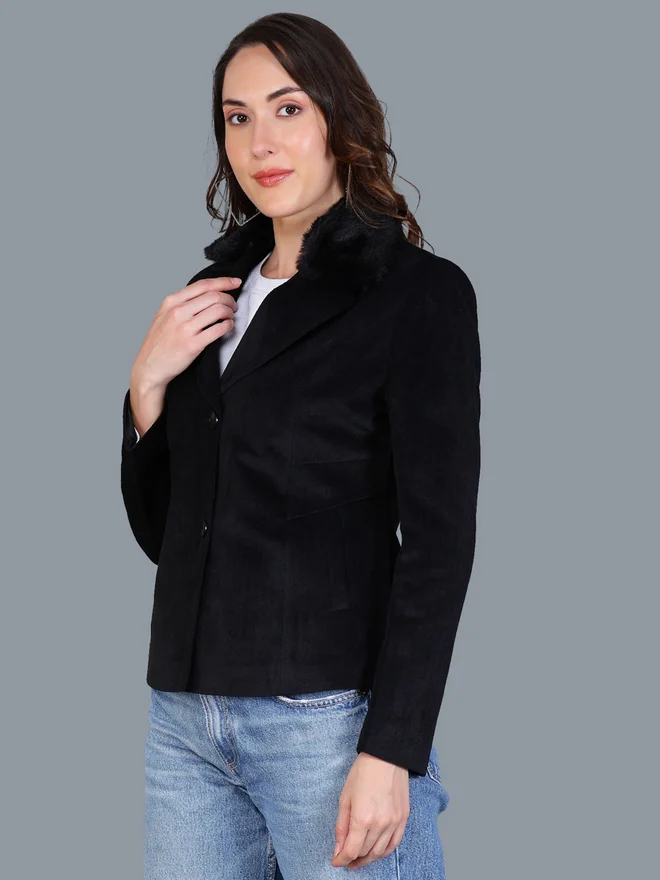 Fort Collins  Women Black Button-Up Blazer with Faux Fur Collar for Women | Best Price UAE
