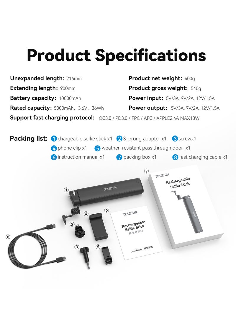 TELESIN - 10000mAh Rechargeable Selfie Stick with USB-C Charging Cable for Action Cameras/ Phones - Image 1