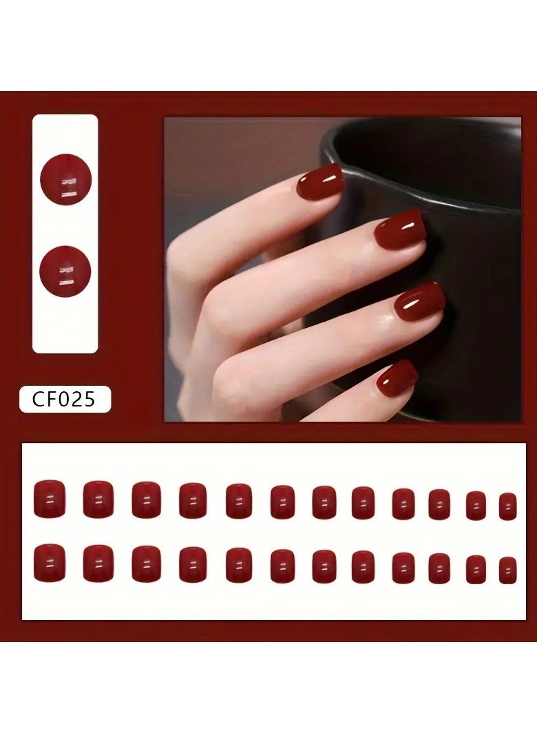 ORiTi 24 قطعة أظافر صناعية قصيرة لامعة مربعة، أظافر حمراء كاملة التغطية، أظافر مزيفة لعيد الميلاد للنساء والفتيات - Image 1