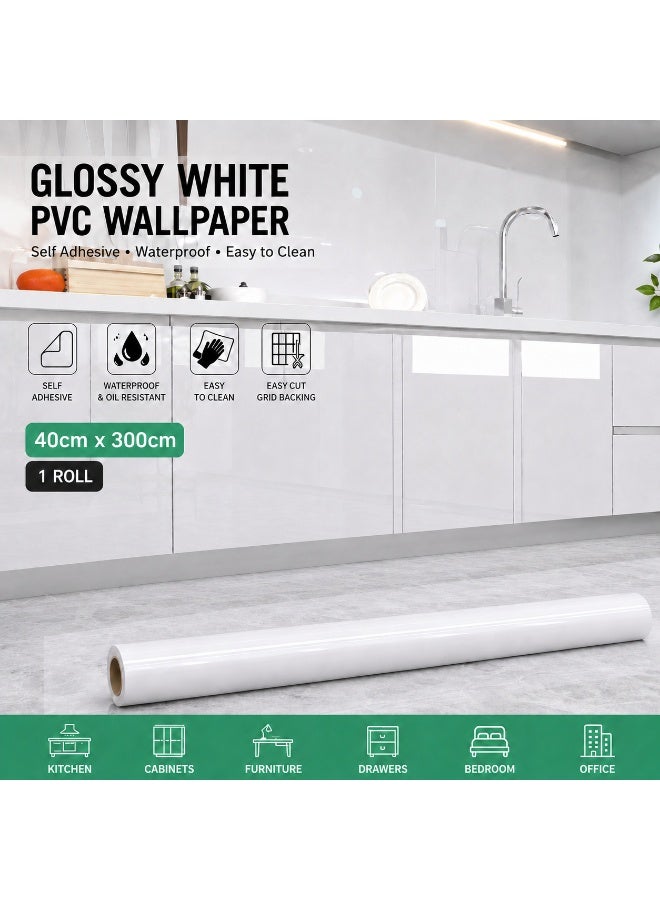 ورق جدران PVC أبيض لامع ذاتي اللصق 40 سم × 300 سم – رول واحد - Image 1