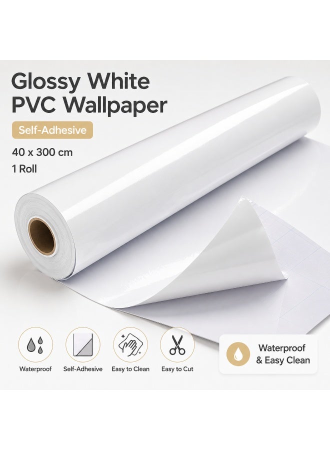 ورق جدران PVC أبيض لامع ذاتي اللصق 40 سم × 300 سم – رول واحد - Image 2