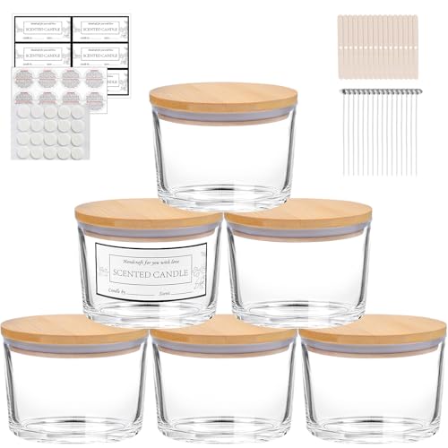 CONNOO 6-Pack 16 oz Candle Jars - 3-Wick Clear Empty Glass Wide Mouth Candle Jars Come with Bamboo Lids, Sticky Warning Labels, and a Candle Wick Kit for Candle Making - Dishwasher Safe - Image 1