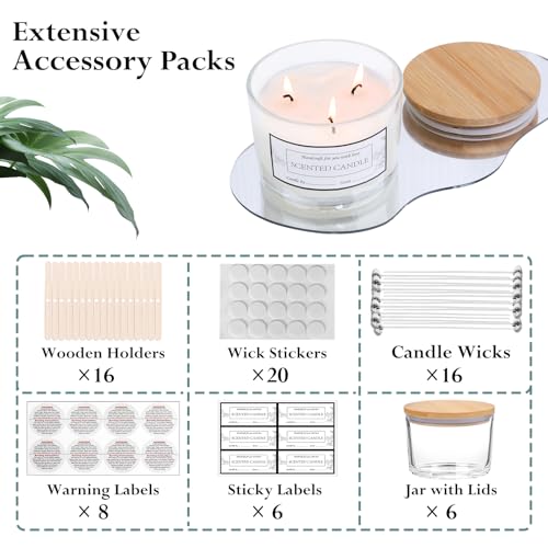 CONNOO 6-Pack 16 oz Candle Jars - 3-Wick Clear Empty Glass Wide Mouth Candle Jars Come with Bamboo Lids, Sticky Warning Labels, and a Candle Wick Kit for Candle Making - Dishwasher Safe - Image 3