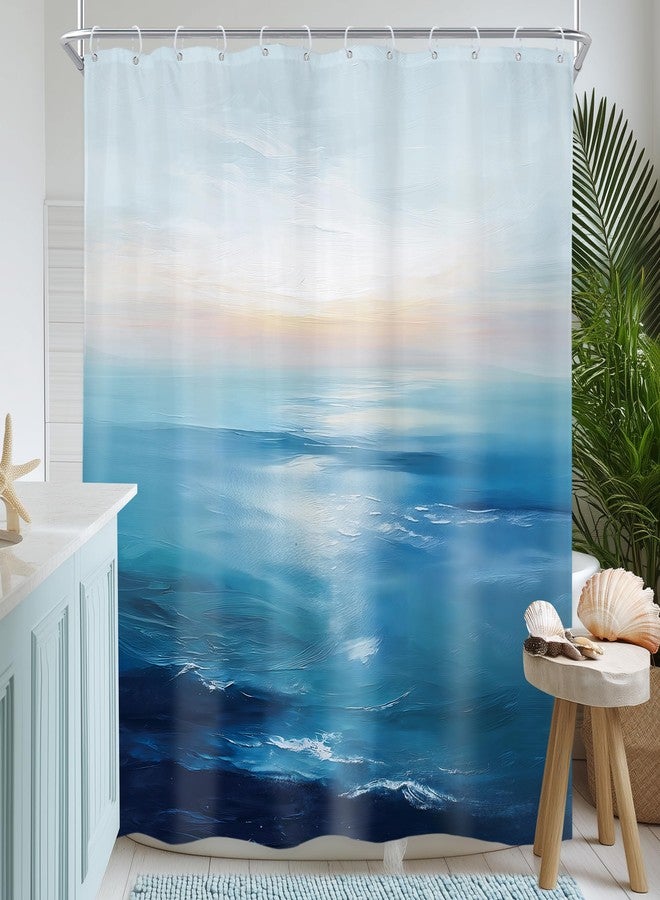 Newsely Ocean Sunrise Shower Curtain 60Wx72L Inch Tropical Blue Sea Beach Hawaiian Abstract Sunset Coastal Scenery Wave Bathroom Set Summer Waterproof Bath Decoration Accessories Home Decor - Image 1