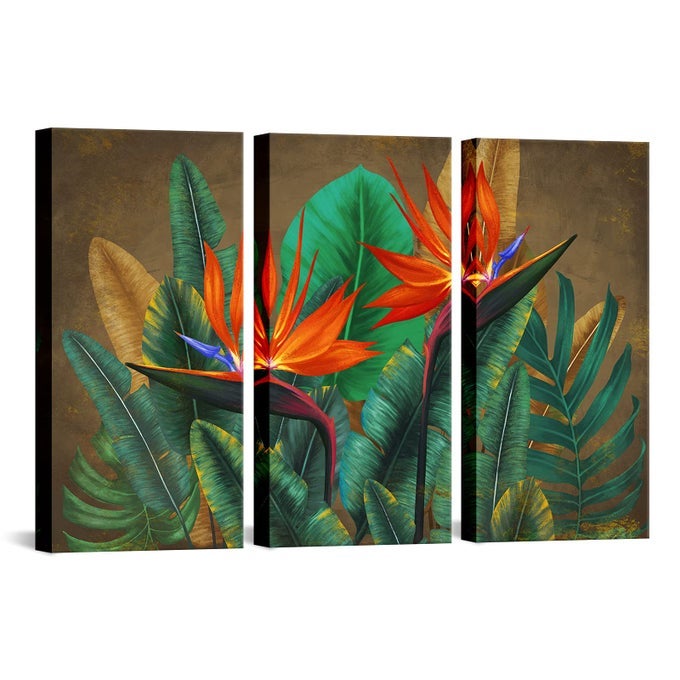 3 PIECES TROPICAL FLOWER CANVAS WALL ART BIRD OF PARADISE PICTURES PAINTINGS HAWAII THEMED GREEN PALM LEAF HOME DECOR FRAMED