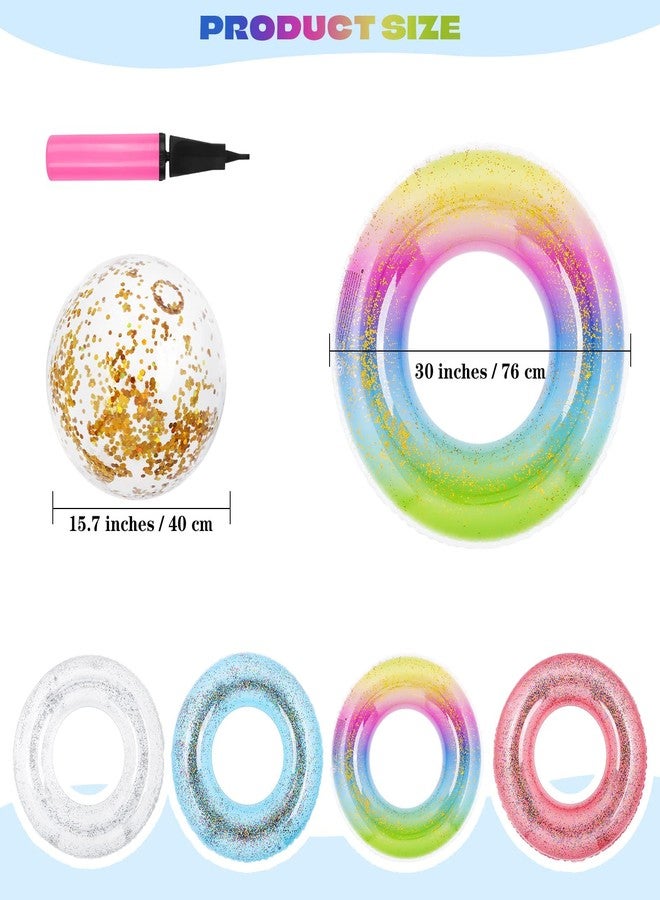 Elcoho 6 Packs Pool Floats Inflatable Pool Floats Colorful Sparkling Glitter Swim Rings with Sequined Beach Ball and Pump for Beach, Party Supplies - Image 2