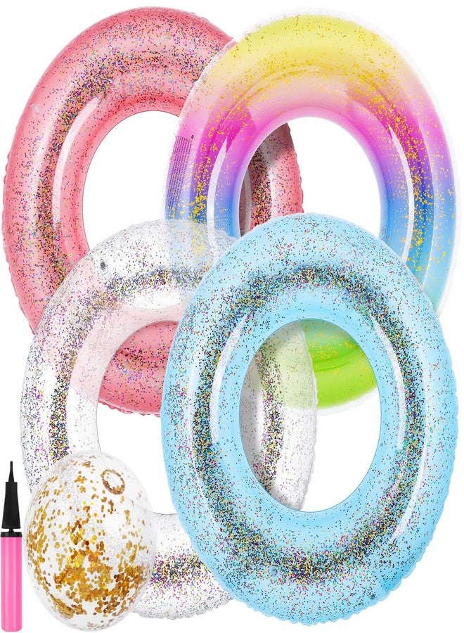 Elcoho 6 Packs Pool Floats Inflatable Pool Floats Colorful Sparkling Glitter Swim Rings with Sequined Beach Ball and Pump for Beach, Party Supplies - Image 1