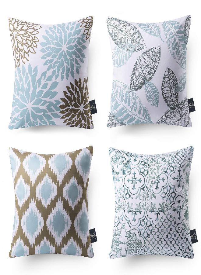 Phantoscope Set of 4 New Living Series Leaf Geometric Blue and Coffee Throw Decorative Pillow Cover Cushion Cover 18 x 18 inches 45 x 45 cm - Image 1