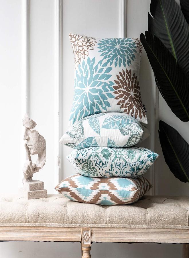 Phantoscope Set of 4 New Living Series Leaf Geometric Blue and Coffee Throw Decorative Pillow Cover Cushion Cover 18 x 18 inches 45 x 45 cm - Image 2