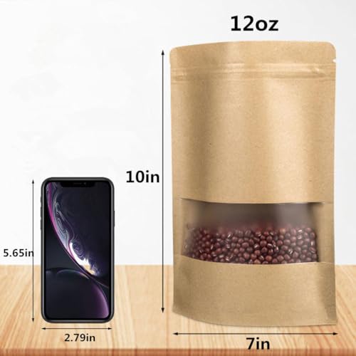 WAFUNNE 50 pcs Kraft Bags with Window Stand Up Ziplock Seal Paper Bag Resealable Large Food Storage Pouch 12oz 7×10in - Image 2