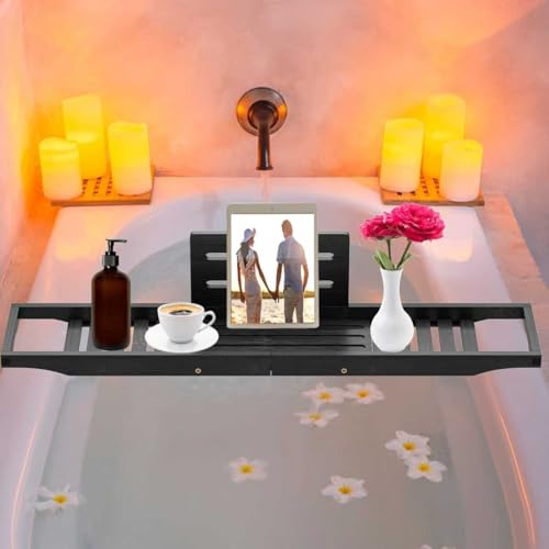 Teakhzct Bathtub Tray Caddy Black - Bath Tray Black - Bath Tub Table Tray Caddy - Bamboo Bath Tray for Tub - Image 3