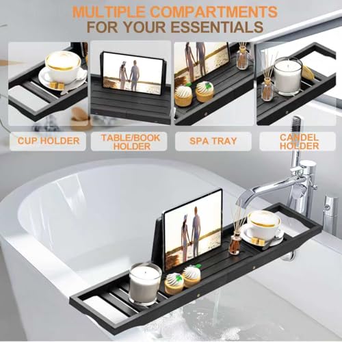 Teakhzct Bathtub Tray Caddy Black - Bath Tray Black - Bath Tub Table Tray Caddy - Bamboo Bath Tray for Tub - Image 5