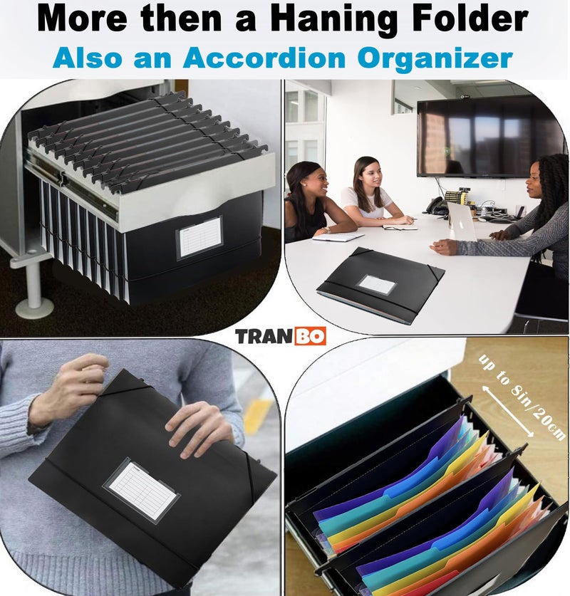 TRANBO 7-Pockets Hanging File Folder with Retractable Hooks for Filing Cabinet, Letter Size Expandable Accordion File Organizer with Elastic Band for File Frame or On-The-Go Use (3 Pack) - Image 2