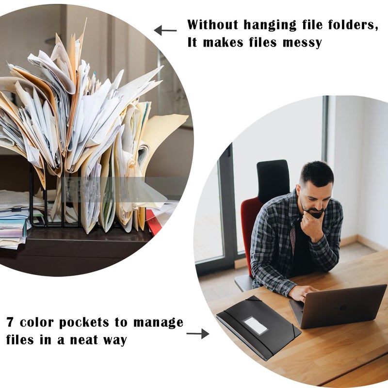 TRANBO 7-Pockets Hanging File Folder with Retractable Hooks for Filing Cabinet, Letter Size Expandable Accordion File Organizer with Elastic Band for File Frame or On-The-Go Use (3 Pack) - Image 5