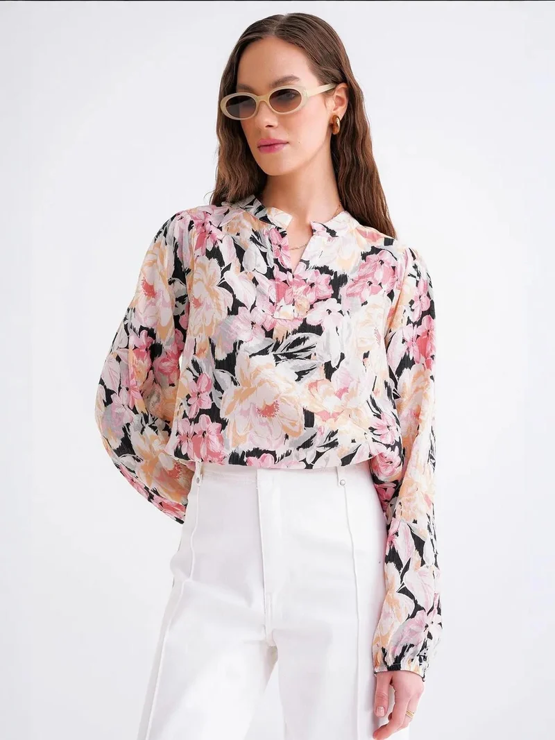 MixRay Powder Pink Floral Print Long Sleeve Mandarin Collar Blouse for Women | Best Price UAE